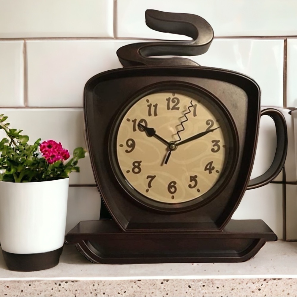 Coffee Cup Cappuccino Clock Battery Operated Wall Clock or Freestanding Brown
